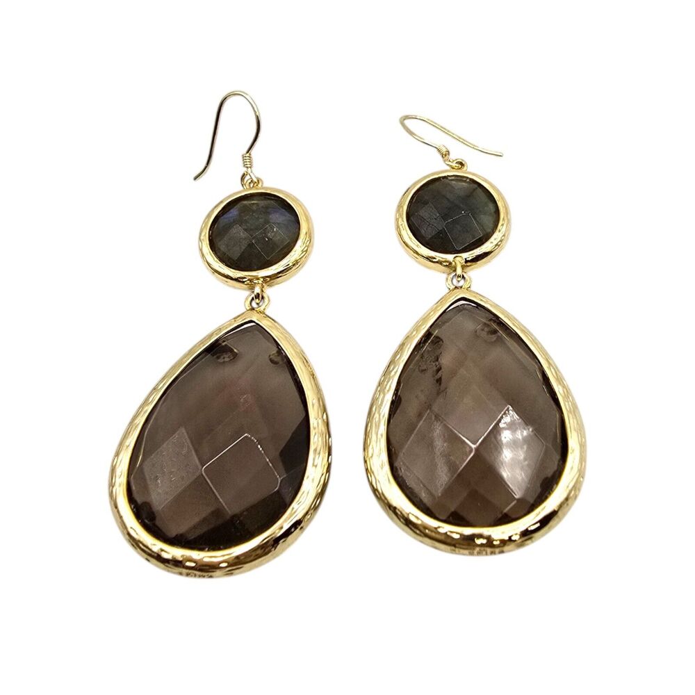Smokey Brown Stone Earrings Faceted Light Brown Signed Pierced Dangle Teardrop